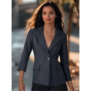 Armani Collezioni Linen Blazer Womens Size 6 Small Pinstripe Black 3/4 Sleeve